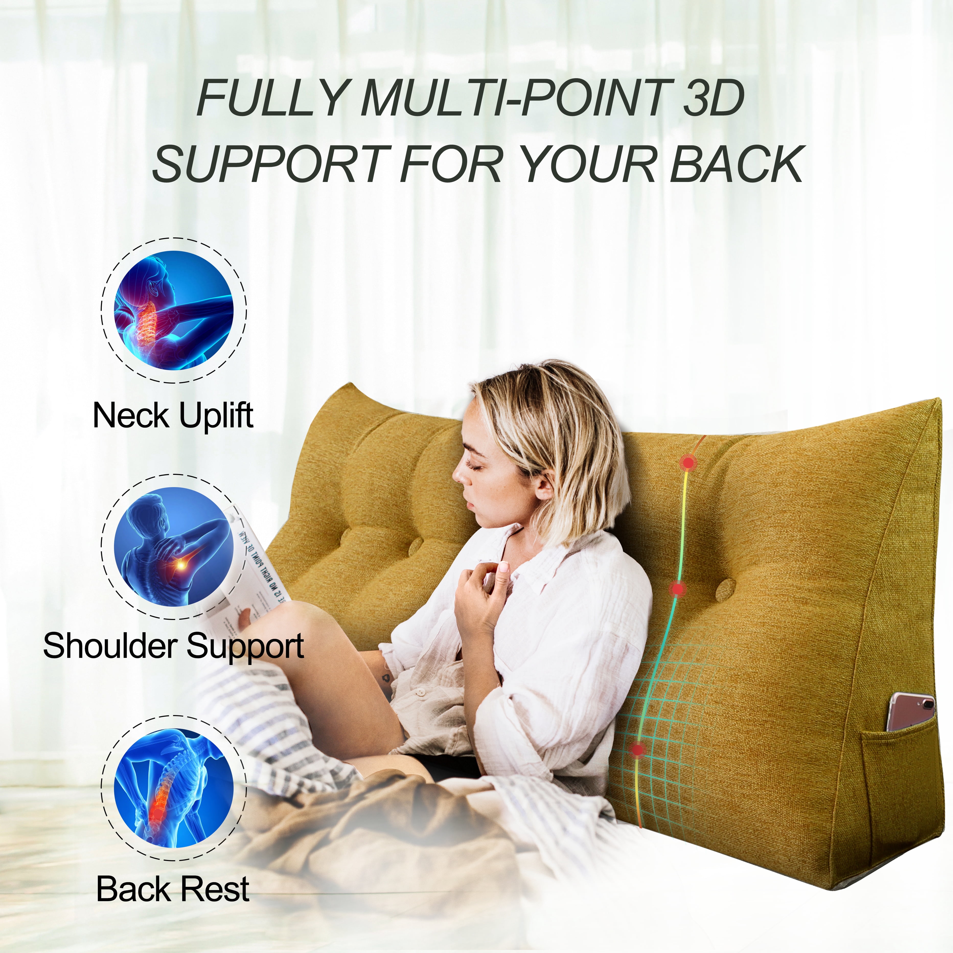 WOWMAX Sofa Daybed Triangular Wedge Cushion Backrest Positioning Support Reading Pillow with Removable Cover, Twin, Yellow