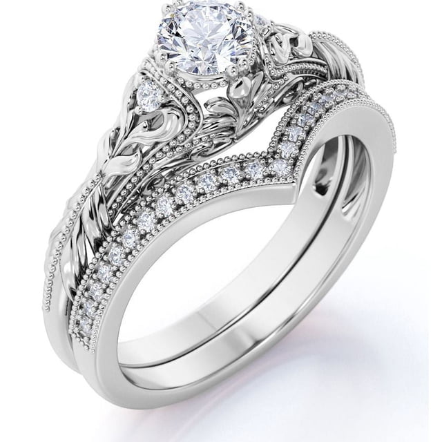 JeenMata Anillo de Bodas de Inspiración Victoriana con Diamante Real de Talla Redonda de 0,68 Quilates Grabado Engastado con Banda de Bodas de Chevron en Oro Blanco de 10 K