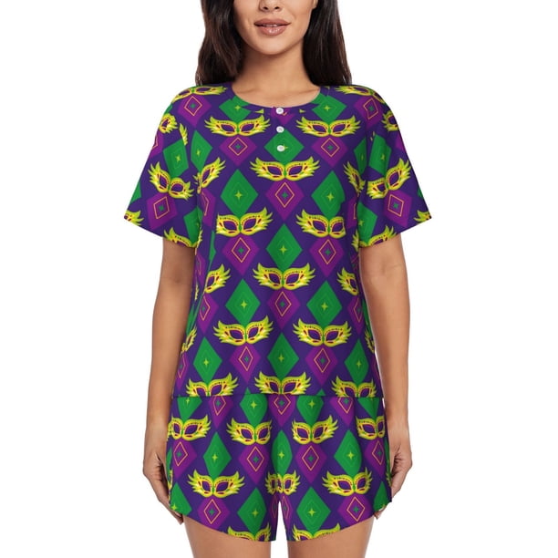 Balery Mardi Gras Carnival3 Conjunto de Pijama para Mujer con Estampado, Dos Piezas de Manga Corta y Shorts, Ropa de Dormir Suave con Cuello Redondo y Bolsillos-4X-Large