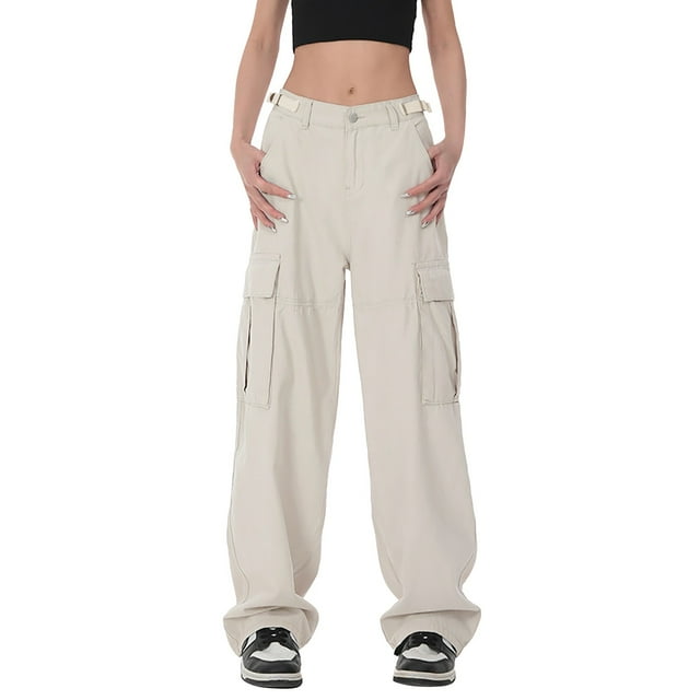 Pantalones Cargo holgados Gibobby para mujer Vintage rectos de cintura alta ajustables con bolsillos Beige XXL