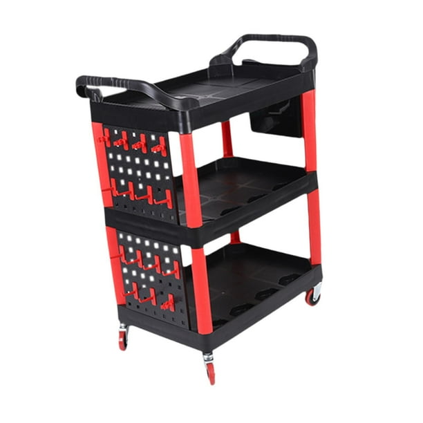 Carro de 3 niveles para detalles de automóviles, carrito rodante con ruedas, organizador de almacenamiento de herramientas para taller, almacén, cera Negro con cubo