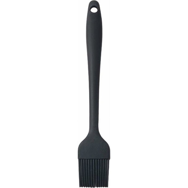 brocha de cocina, brocha de pastelería, brocha de silicona para pastelería, brochas de silicona para barbacoa, para cocinar, barbacoa, pasteles, hornear, 21 cm, negro — vista frontal centrada de una brocha de silicona negra de 21 cm con mango largo y orificio para colgar; cerdas densas e integradas y cabeza rectangular de perfil estrecho, acabado liso, fondo blanco. Adecuada para barnizar pasteles y aplicar salsas en la parrilla; suele usarse también para pincelar salsas en recipientes pequeños.
