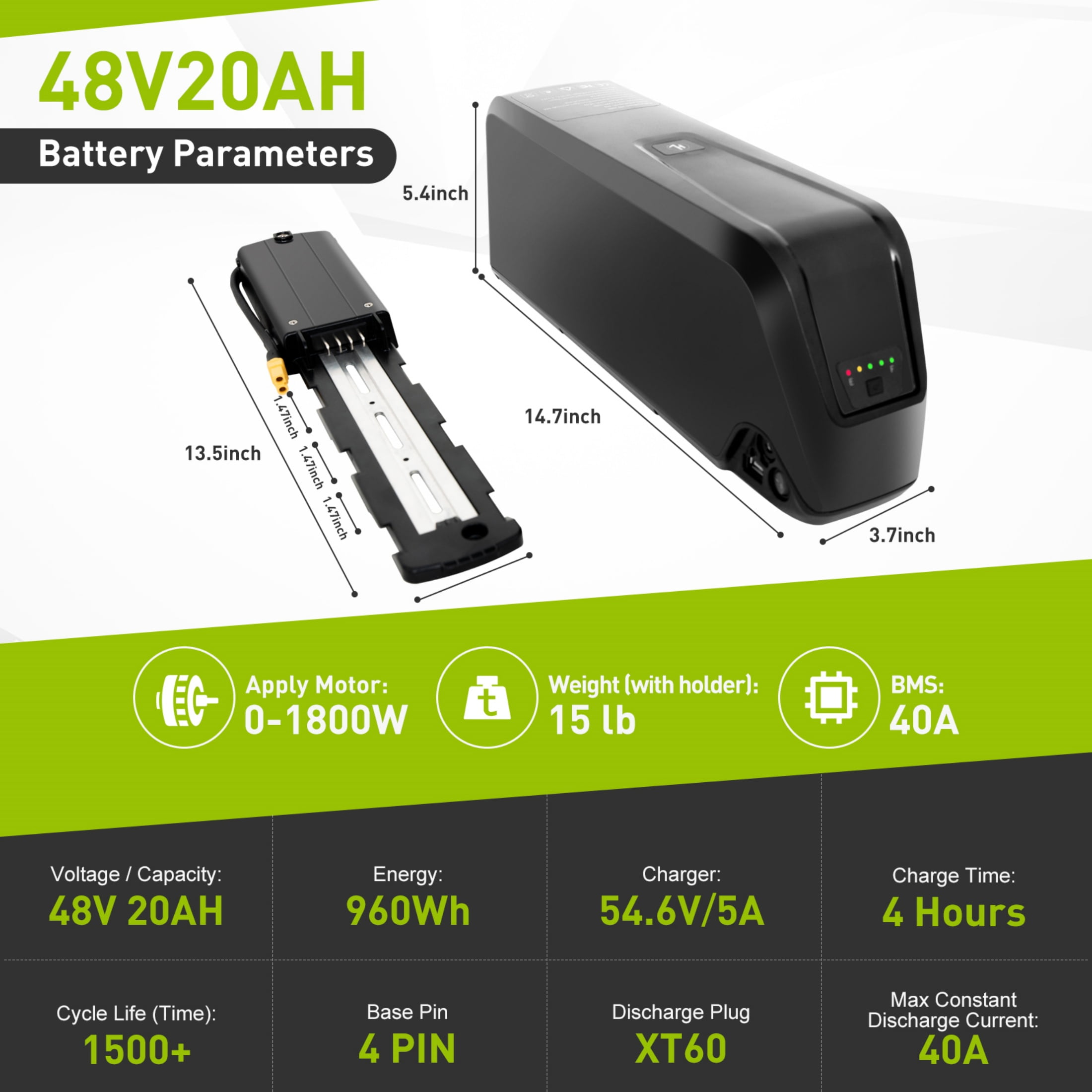 4Prong 48V 20AH Battery 40A BMS Electric Bike Battery 2000W 48V Ebike Battery for Adult Electric Scooter Motor