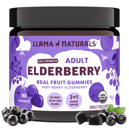 Llama Naturals Elderberry Gummies for Adults, Vegan, Organic Immune Support Supplement with Vitamin C and Zinc, Real Fruit Gummy Vitamins for Immunity, Chewable, No Added Sugar Cane, 90 Ct