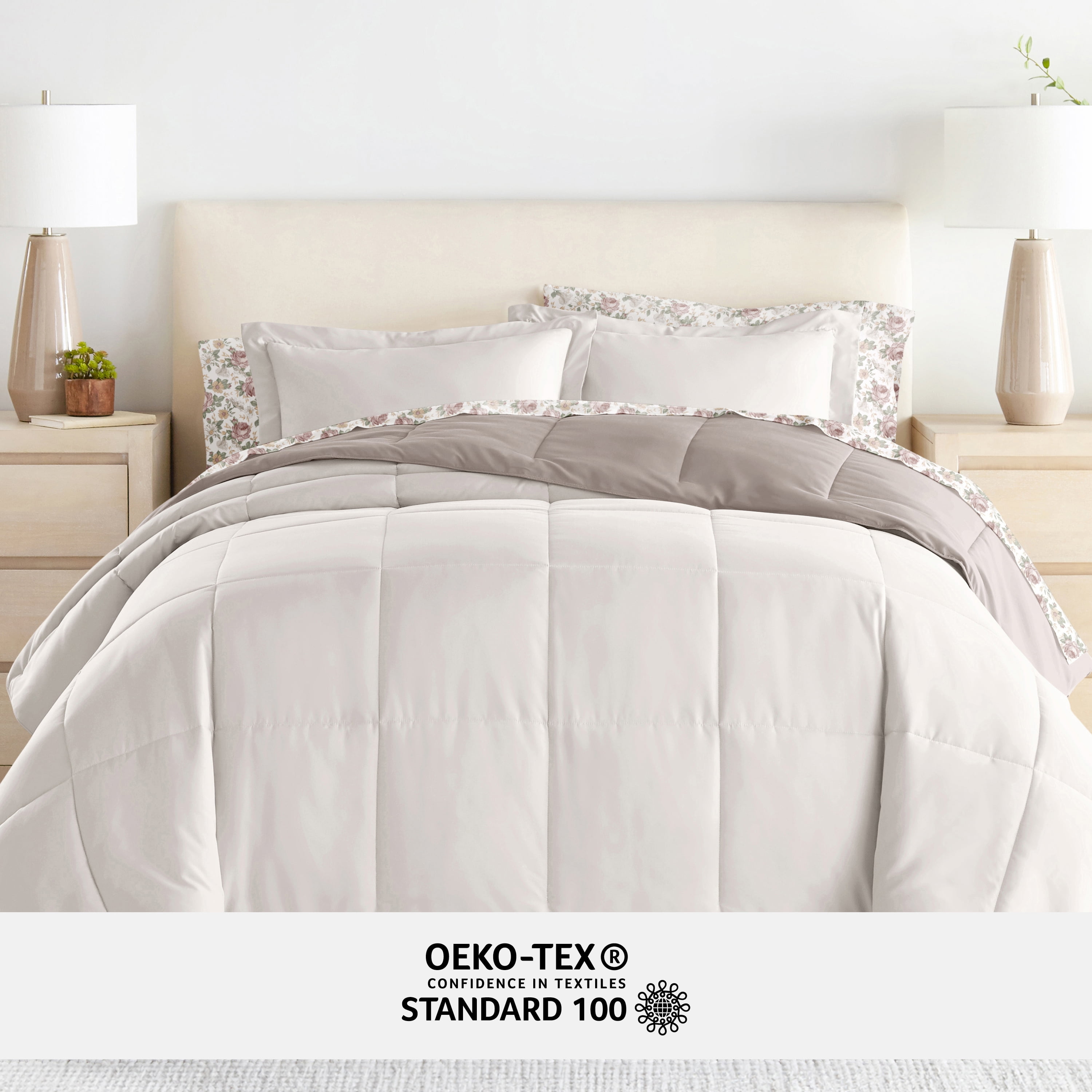 Noble Linens 7 Piece Bedding Bundle, Reversible Comforter and Patterned Sheet Set, California King
