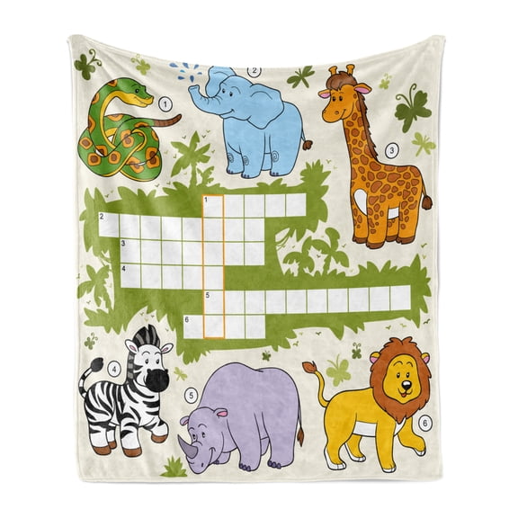 Word Search Puzzle Soft Flannel Fleece Throw Blanket, Colorful Crossword Game for Children Wild Jungle Safari Animals Grid, Cozy Plush for Indoor and Outdoor Use, 70" x 90", Multicolor, by Ambesonne
