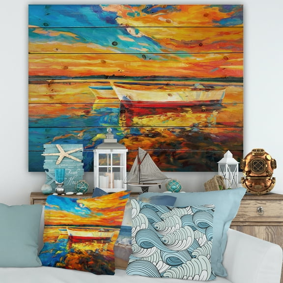 Designart 'Red and White Boats By The Pier At A VIbrant Sunset' Nautical & Coastal Print on Natural Pine Wood