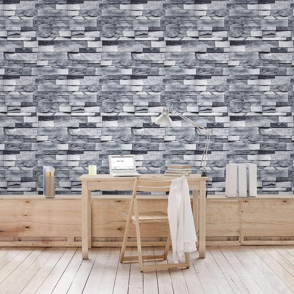 Peel and Stick Faux Brick Stone Wallpaper 17.7in x 19.7ft Gray Vinyl Self Adhesive Decorative