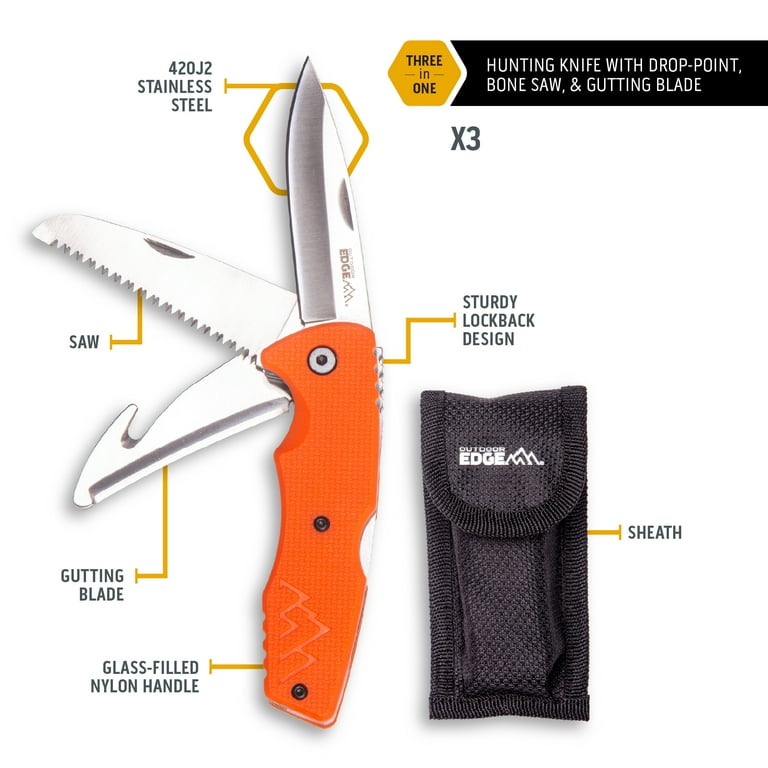 Outdoor Edge X3 Hunting Knife- Multi Blade Drop Point, Bone Saw