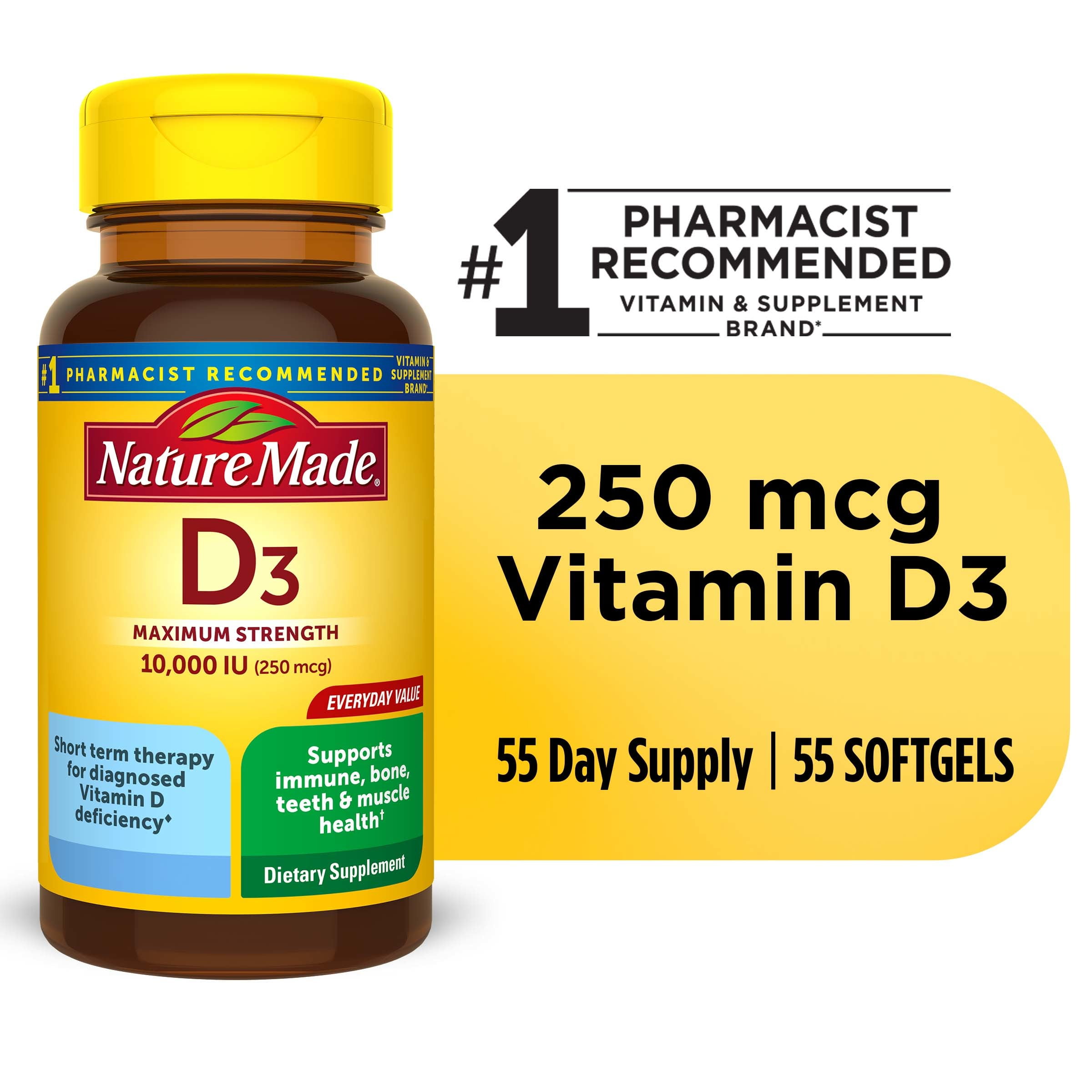 Nature Made Vitamin D3 10000 IU Maximum Strength Softgels, Dietary Supplement, 55 Count