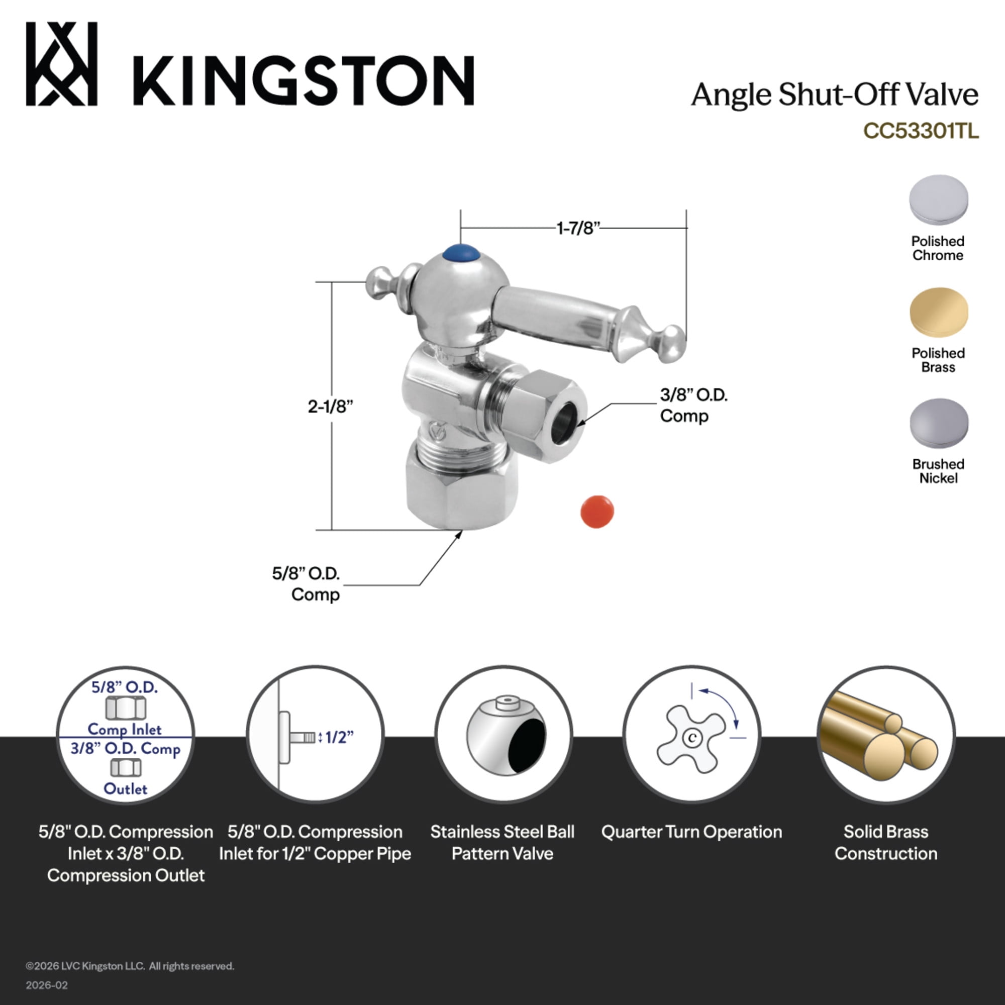 Kingston Brass CC53302TL 5/8-Inch O.D. Comp x 3/8-Inch O.D. Comp Quarter-Turn Angle Shut-Off Valve in Polished Brass