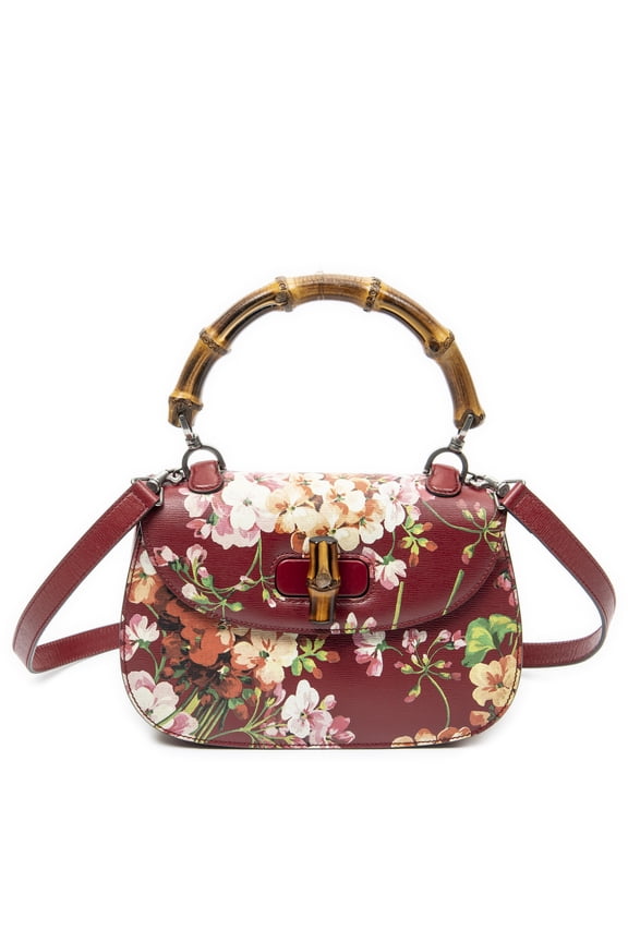 Pre-Owned Gucci Red Medium Bamboo Top Handle Flap Shoulder Bag Blooms Printed Leather