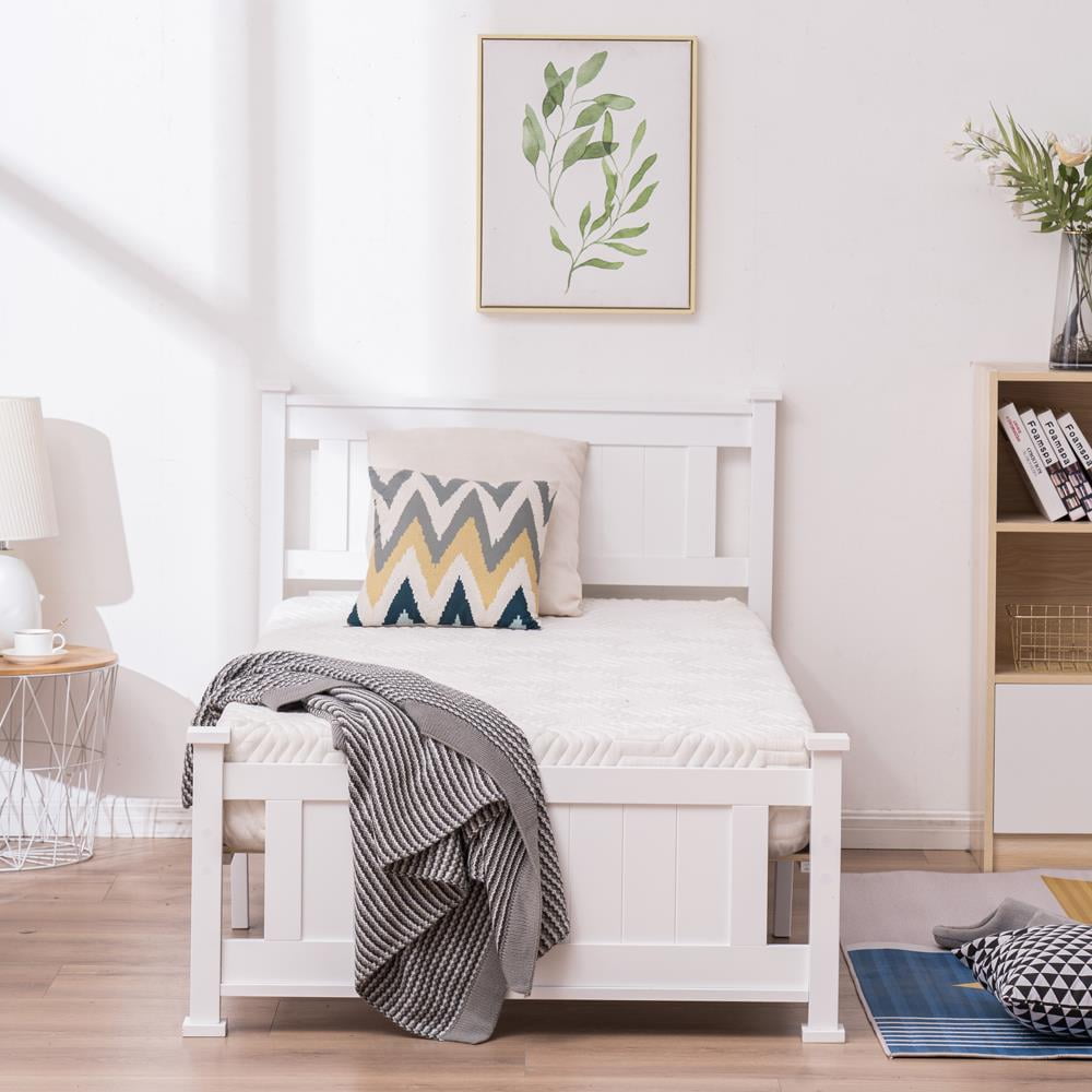 Ktaxon Twin Wood Platform Bed with Headboard, Teen Bed, White