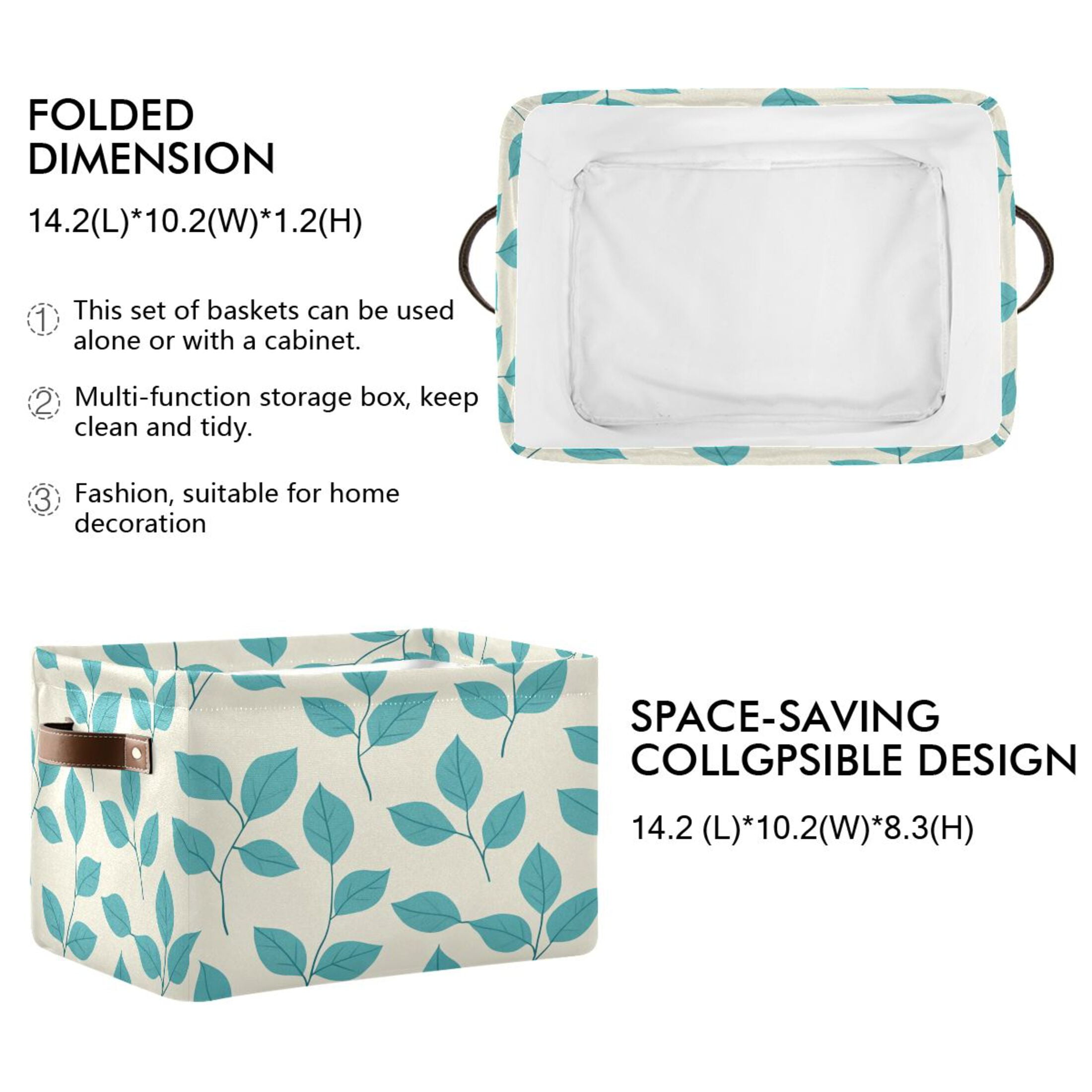 Turquoise Leaf Foldable Storage Basket,Canvas Fabric Foldable Storage Bins with Handles Open Home Storage Bins Boxes for Toy Book Shelf Closet Baskets