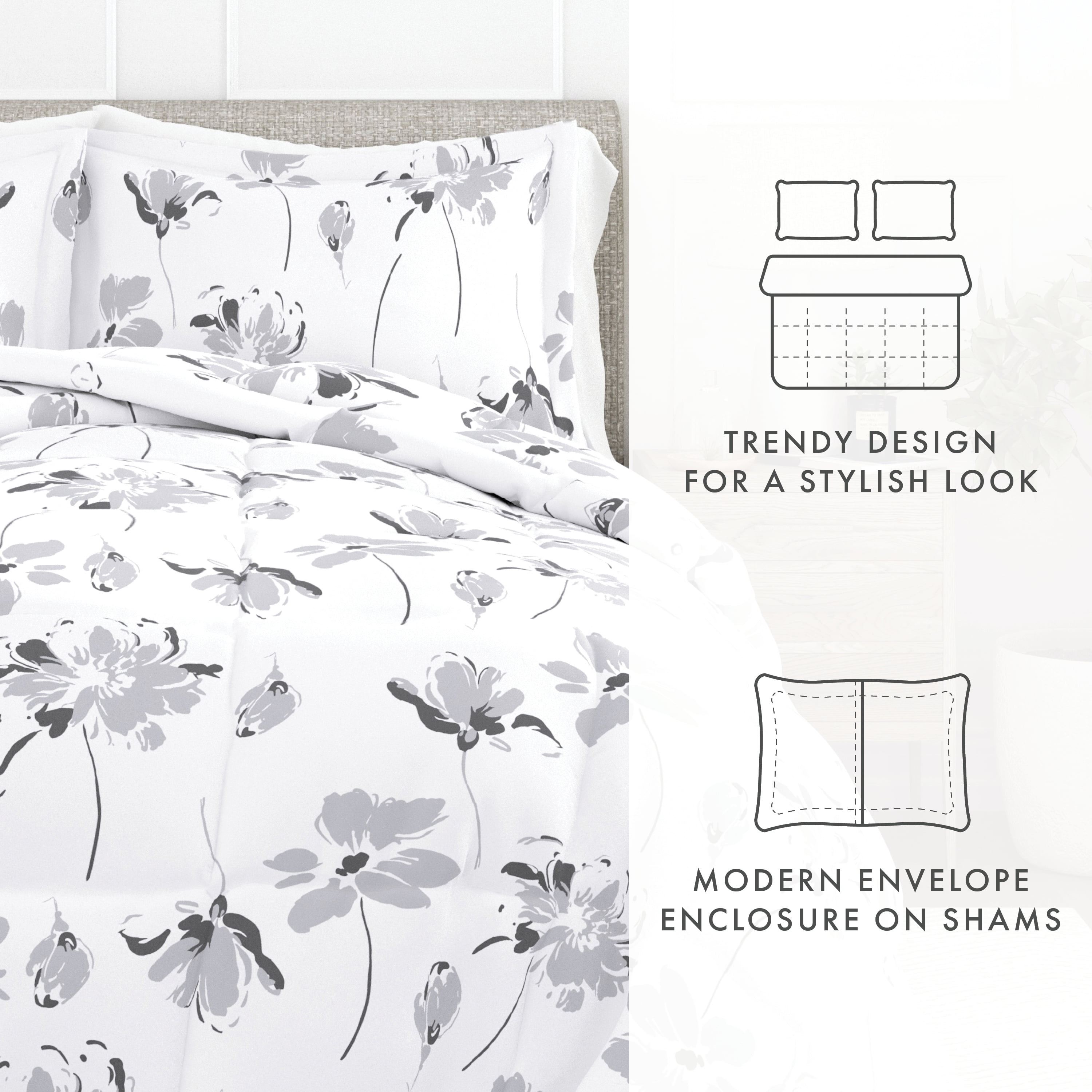 Noble Linens 3-Piece Light Gray Magnolia Gray Print Comforter Set, King/CalKing