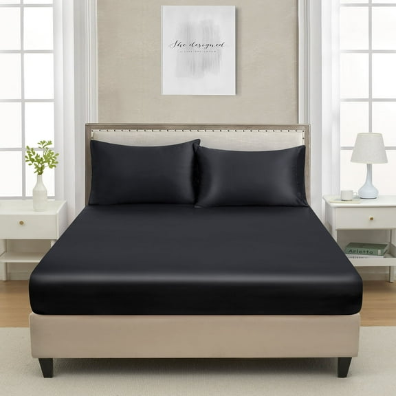 Queen Satin Fitted Sheet Black - Luxury Silky Smooth Cooling Bottom Sheet, Fade-Resistant