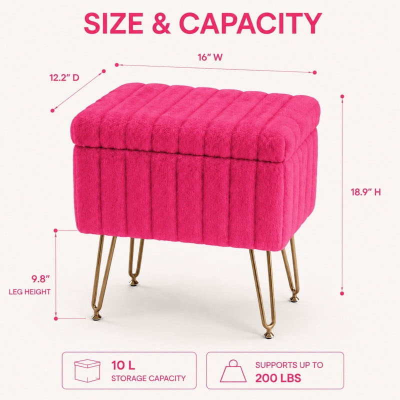 BEAUTYPEAK Vanity Stool with Storage Faux Fur Padded Makeup Ottoman with Gold Metal Legs and Adjustable Feet 18.9" Footstool, Rose