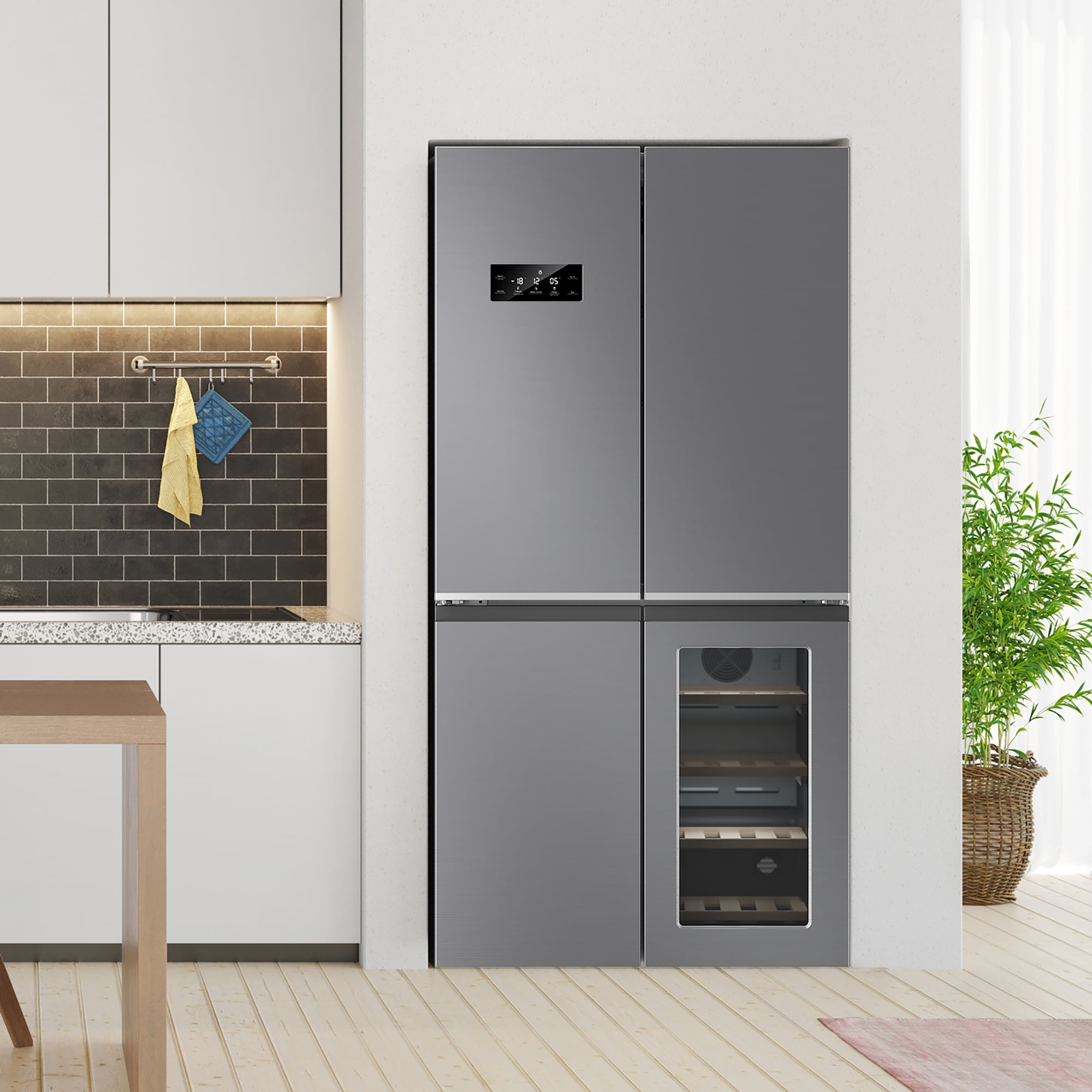 Festisoul 21 Cu.Ft Capacity Counter Depth French Door Fridge with Wine Cabinet, 4-Door Large French Refrigerator Frost-Free Cooling Stainless Steel Refrigerators for Home