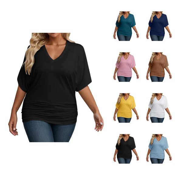 Womens T Shirts Summer Tops 2025 Plus Size Short Sleeve V-Neck Loose Fit Stretchy Basic Tees Tshirts Shirts for Women