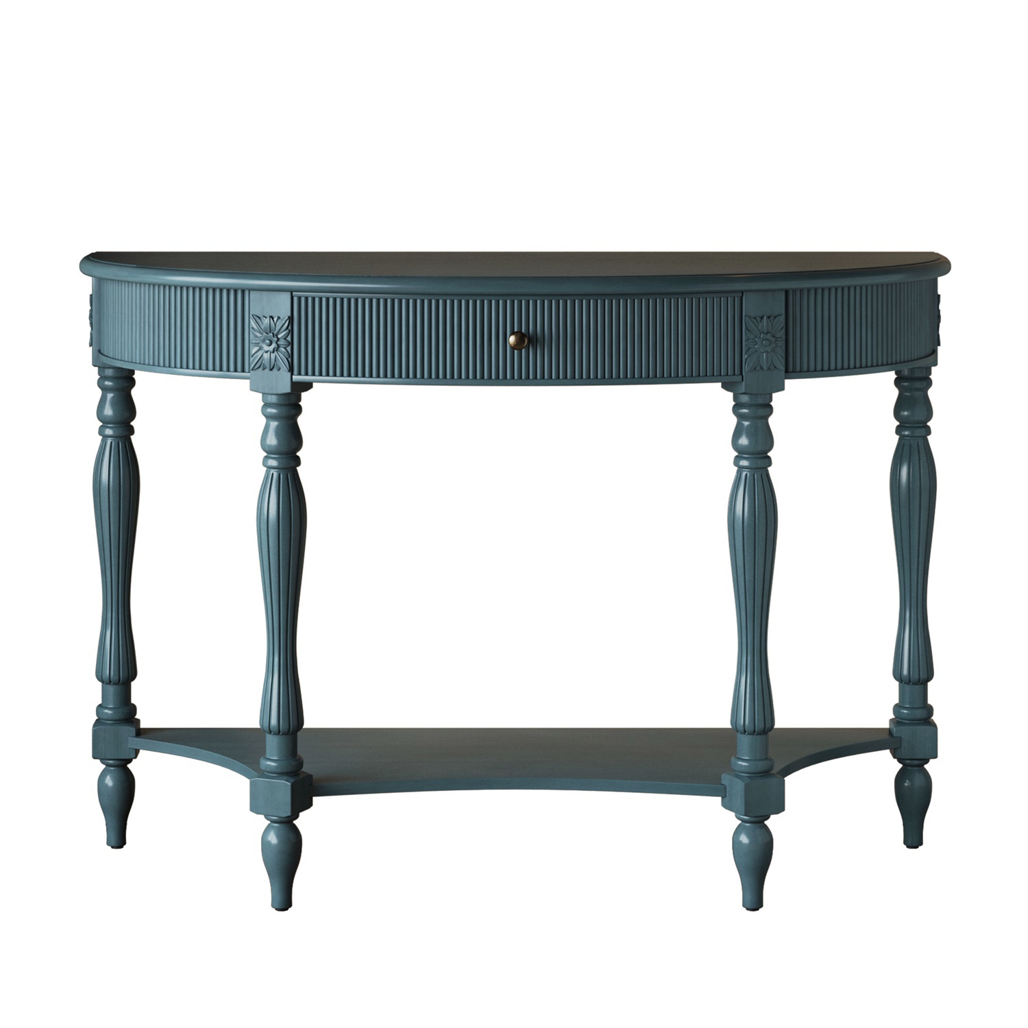 Hommoo Solid Wood Half Moon Console Table with Drawer & Open Shelf, Fluted Vintage Entryway Table for Hallway, Foyer, Living Room, or Behind Sofa, Farmhouse Style, Rustic Blue