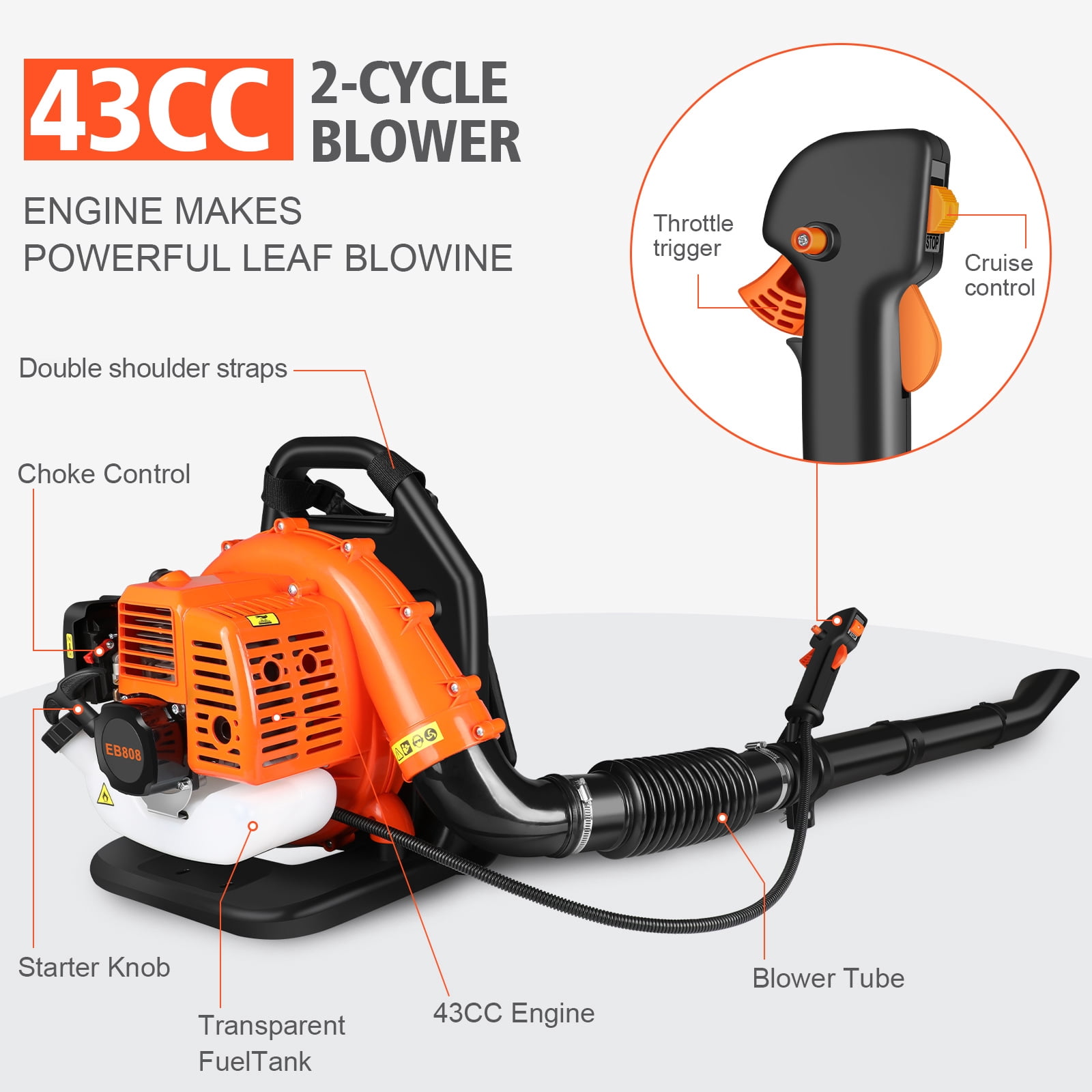 Backpack Gas Leaf Blower 43CC, 665CFM 2800 RPM 2 Stroke Grass Lawn Blower Air Cooling Gasoline Backpack Grass Blower with Air-Cooled, Snow Blower for Outdoor