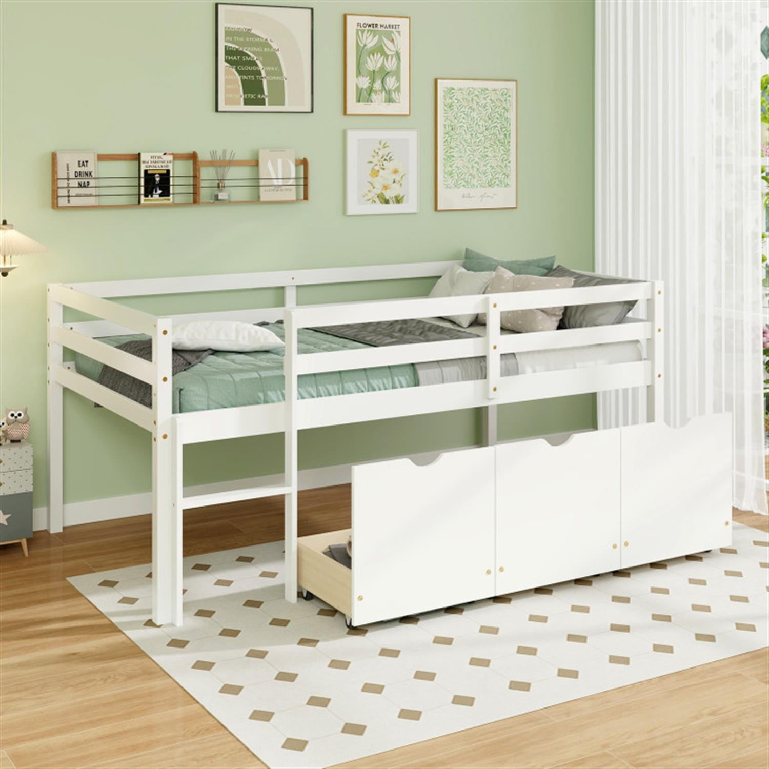 Demi Bonn Twin Size Loft Bed, Solid Wood Loft Bed with 3 Drawers with Ladder and Full-length Guardrails, Modern Wooden Bed Frame for Teens, White
