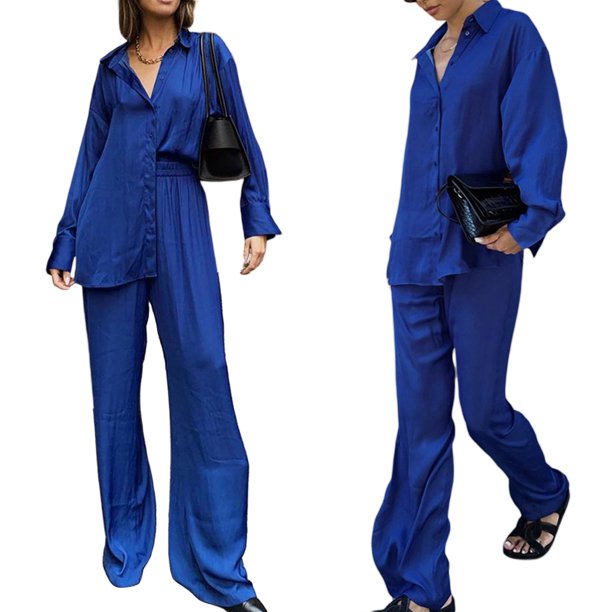 TRKIYQC Conjunto de Pantalones de Mujer de 2 Piezas, Camisa de Solapa de Manga Larga Azul Casual + Pantalones de Pierna Ancha TRKIYQC moda