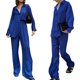 thumbnail image 1 of TRKIYQC Conjunto de Pantalones de Mujer de 2 Piezas, Camisa de Solapa de Manga Larga Azul Casual + Pantalones de Pierna Ancha TRKIYQC  moda, 1 of 8