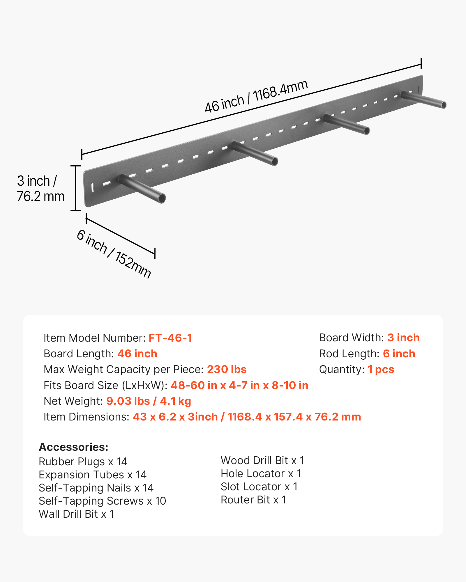 VEVOR Floating Shelf Bracket 1 Pack, 230 lbs/104 kg Weight Capacity, 46x6.2x3 inch / 1168.4x157.4x76.2 mm, Heavy Duty Hidden Shelf Brackets Support, Wall Mounting Invisible Floating Shelves Bracket