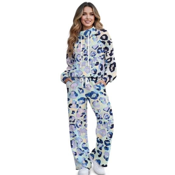 Xixirimido Colored Leopard Print Lounge Sets for Women Sweatsuits for Fall Winter 2 Piece Outfits Long Sleeve Sweatshirt Wide Leg Sweatpants Tracksuit Matching Set, X-Small