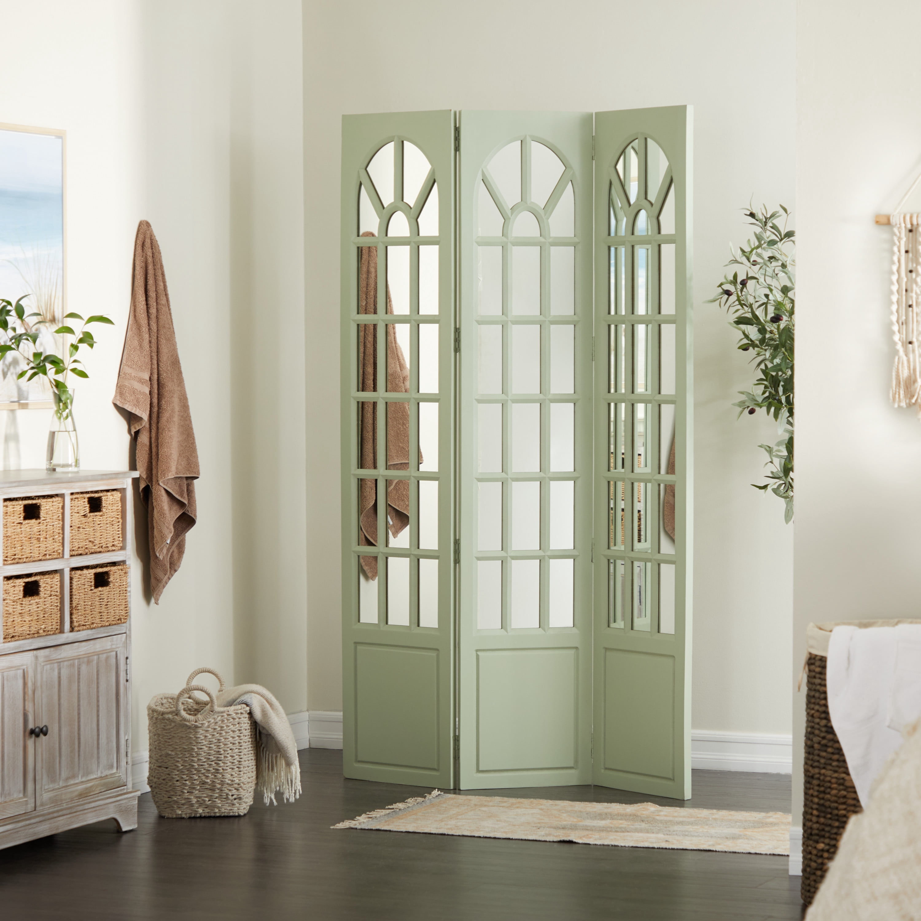 DecMode 44" x 72" Green Wood Hinged Foldable Partition 3 Panel Room Divider Screen with Window Pane Style Mirror, 1-Piece