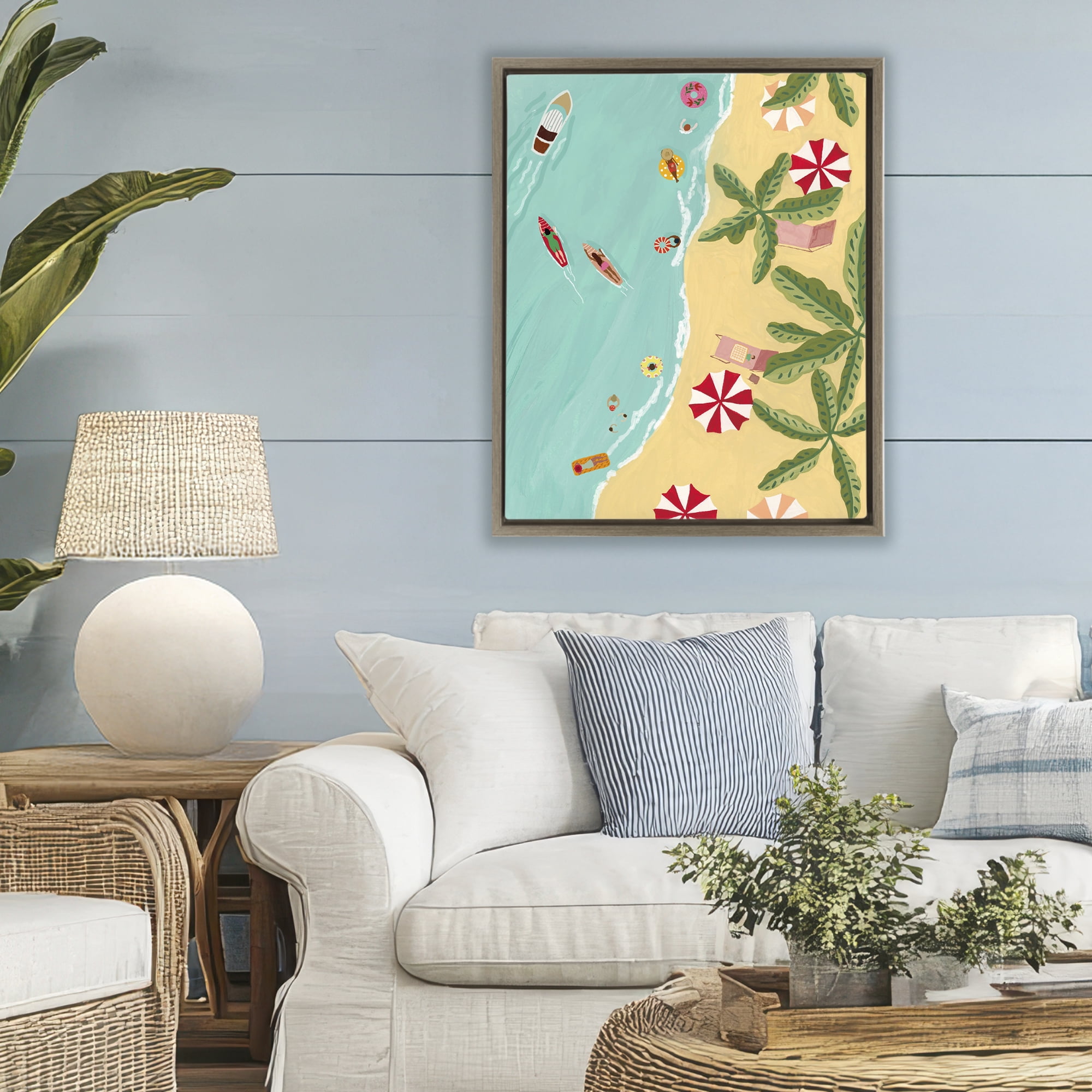 Busy Beach Day Hangout Brown Framed Floater Canvas Wall Art, design by Nabeela Rumi