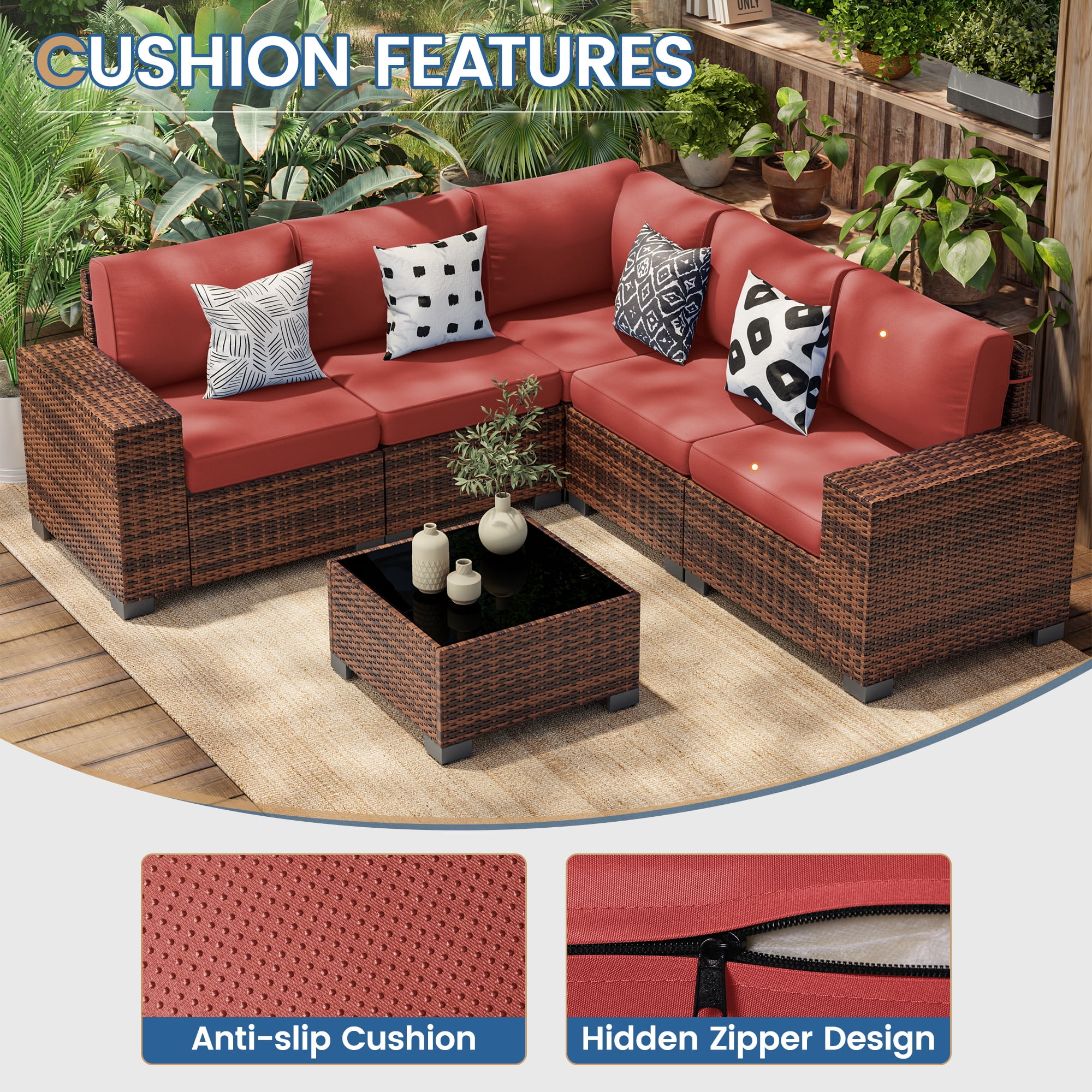 Poteban Patio Furniture Set 6 PCS Outdoor Sectional Conversation Sets Featuring Widen Wicker Armrests and High Back,Brown&Red