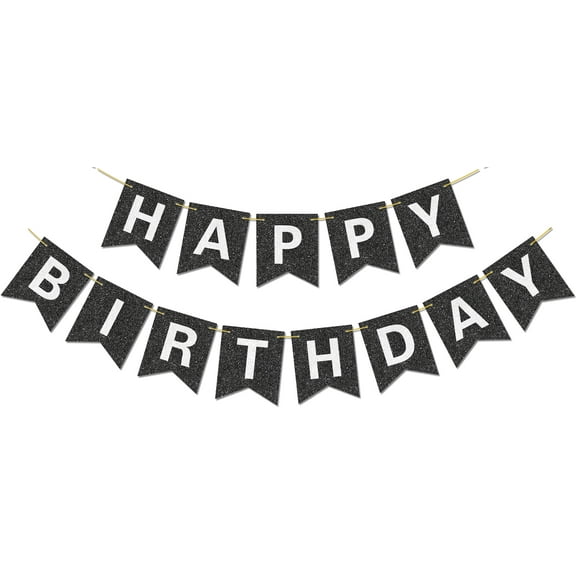 PIXHOTUL Pre-Strung Happy Birthday Banner  - NO DIY - with Shiny Letters Glitter Happy Birthday Banner for Black Birthday Party Decorations and Supplies