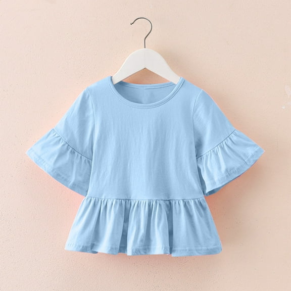 LLYWEY Toddler Girls Ruffle Dresses, Kids Flared Short Sleeve Round Neck Casual Shirt Dresses Summer Solid Color Ruffle Hem Tunic Tops, , Blue, 12 Months