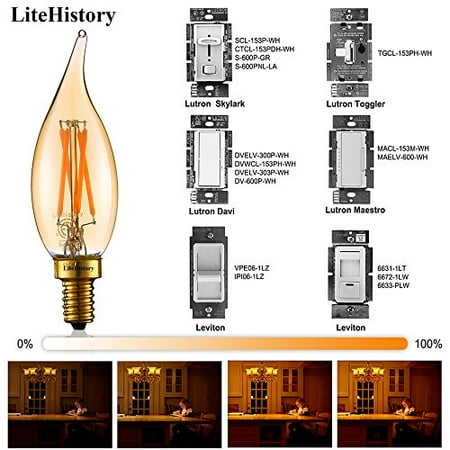 

LiteHistory Dimmable 4W 2200K Amber CA10 led Bulb E12 Candelabra led 250lm 40W Flame tip 6Pack