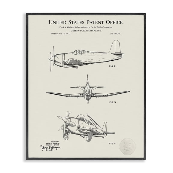 Stupell Industries Mid-Century Detailed Vintage Plane Patent Black Framed Giclee Art, 11 x 14, by Karl Hronek