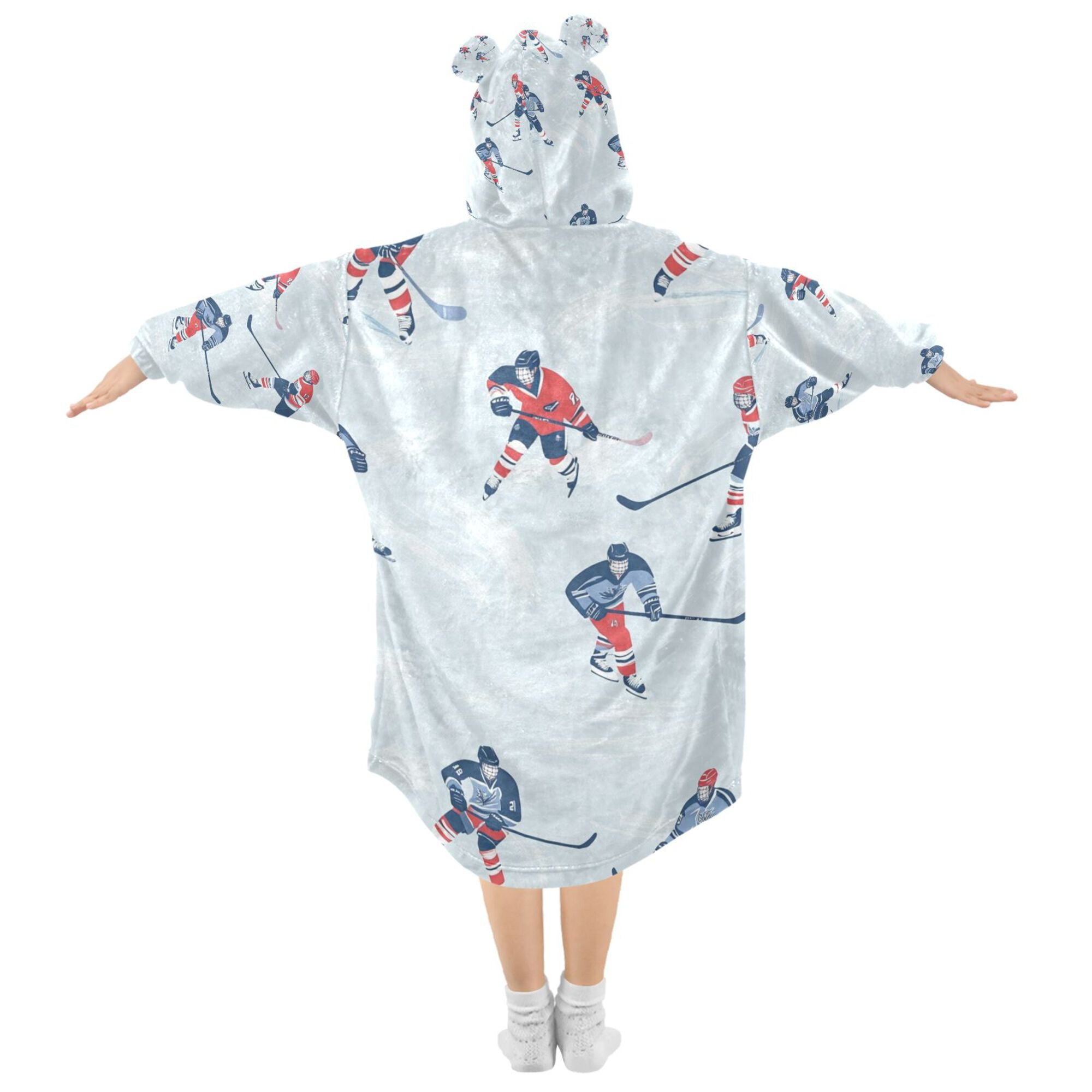 FORMRS Wearable Blanket Hoodie with Sleeves for Kids Cozy Flannel Sweatshirt, Hockey Action Zone