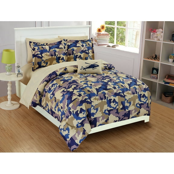 Fancy Linen Collection 6 pc Twin Size Camouflage Blue Beige Kids /teens Comforter set