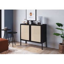 Boho Bar Cabinet with Gold Iron Legs, 2 Rattan Accent Doors, and 3 Shelves – Nero Black, 36.6" W x 32" H x 14.8" D