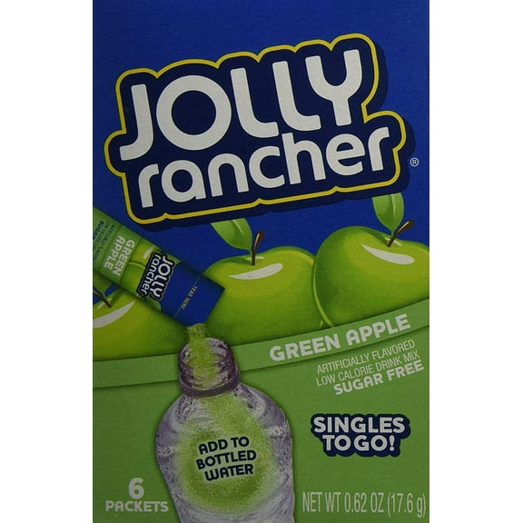 Pack of 2 - 1 (6-Ct.) Box Jolly Rancher ~ Green Apple Singles To Go! Sugar Free Drink Mix.