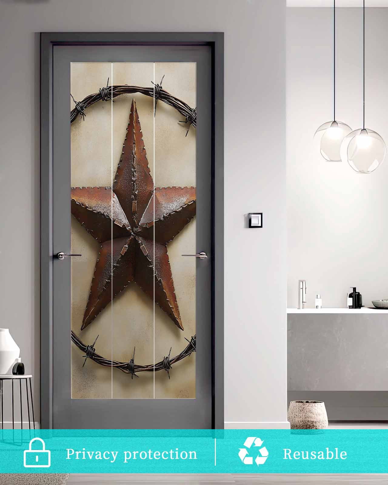Window Privacy Film Country Star Retro Stained Glass Window Film Decorative Sun Block Window Cover Farmhouse Western Aesthetic Art Window Clings Static Adhesive Sticker for Bathroom 23.6"x59"