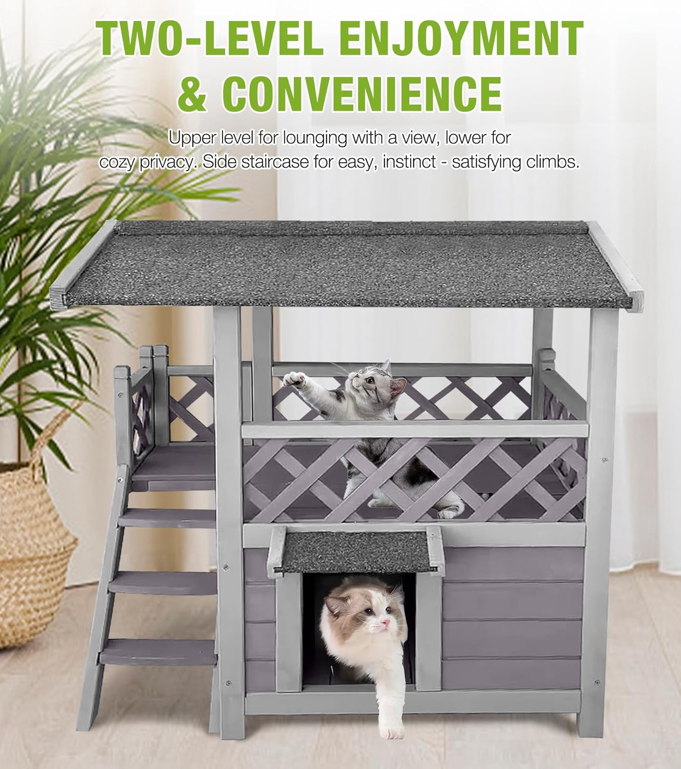 MEDEHOO Cat House Outdoor Weatherproof – 100% Solid Fir with Waterproof Paint, Two-Level Design, All-Weather Protection & Elevated Base – Kitty Shelter for Feral Cats, Indoor/Outdoor Use