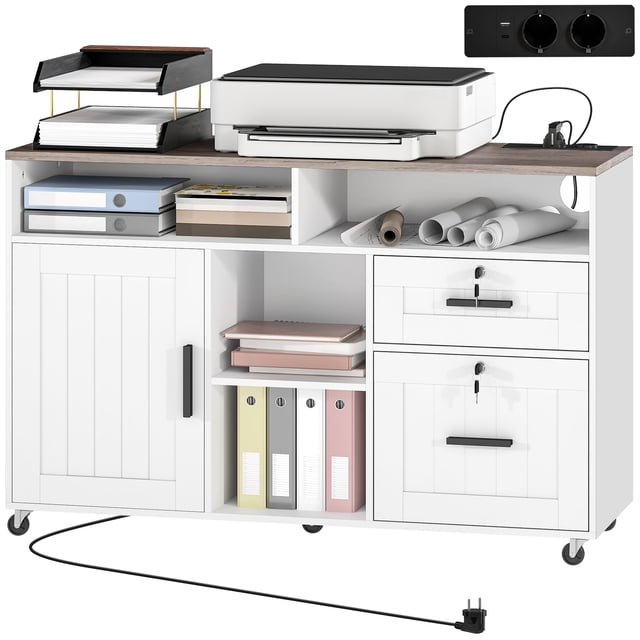 Support Mobile pour Imprimante avec Station de Recharge, Classeur Verrouillable Blanc avec 2 Tiroirs et Ports USB, Chariot de Rangement Roulant pour Dossiers A4/Letter, Bureau à Domicile, 40,6 Pouces L x 26,2 Pouces H