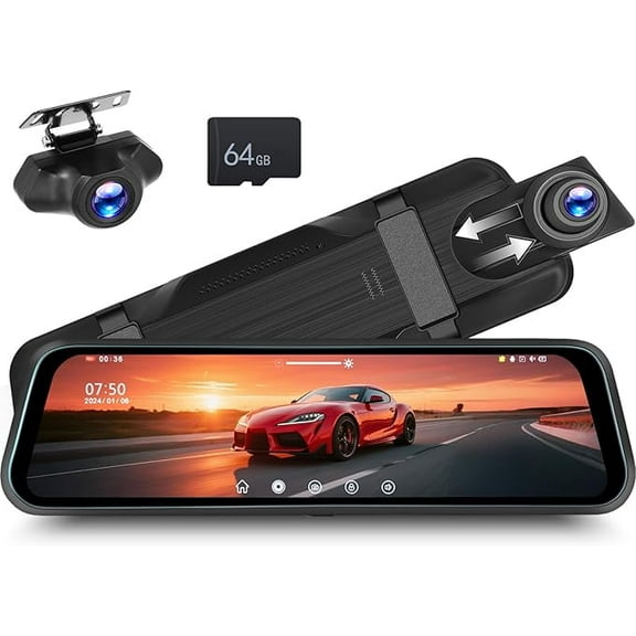 Podofo Mirror Dash Cam Front and Rear 9.66 inch Touch Screen Rearview Mirror for Cars & Trucks with Dual Cameras, 24H Parking Mornitor, Loop Recording, Motion Detection