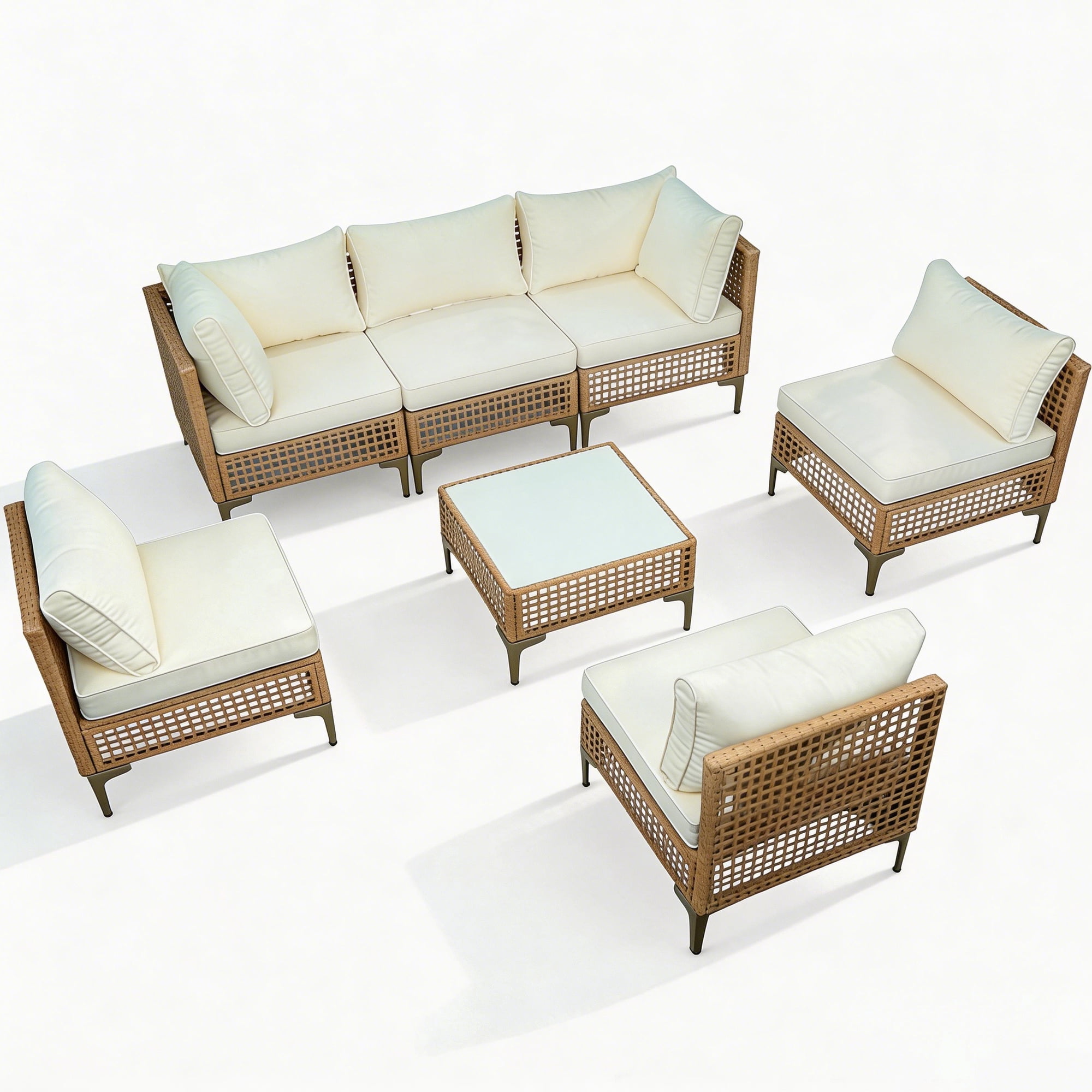 MaagorVita 7 Pcs Outdoor Patio Furniture Set, Modular Outdoor Sectional, Modern Rattan Wicker Sofa Set with Coffee Table and Washable Thick Cushions, Beige Cushion