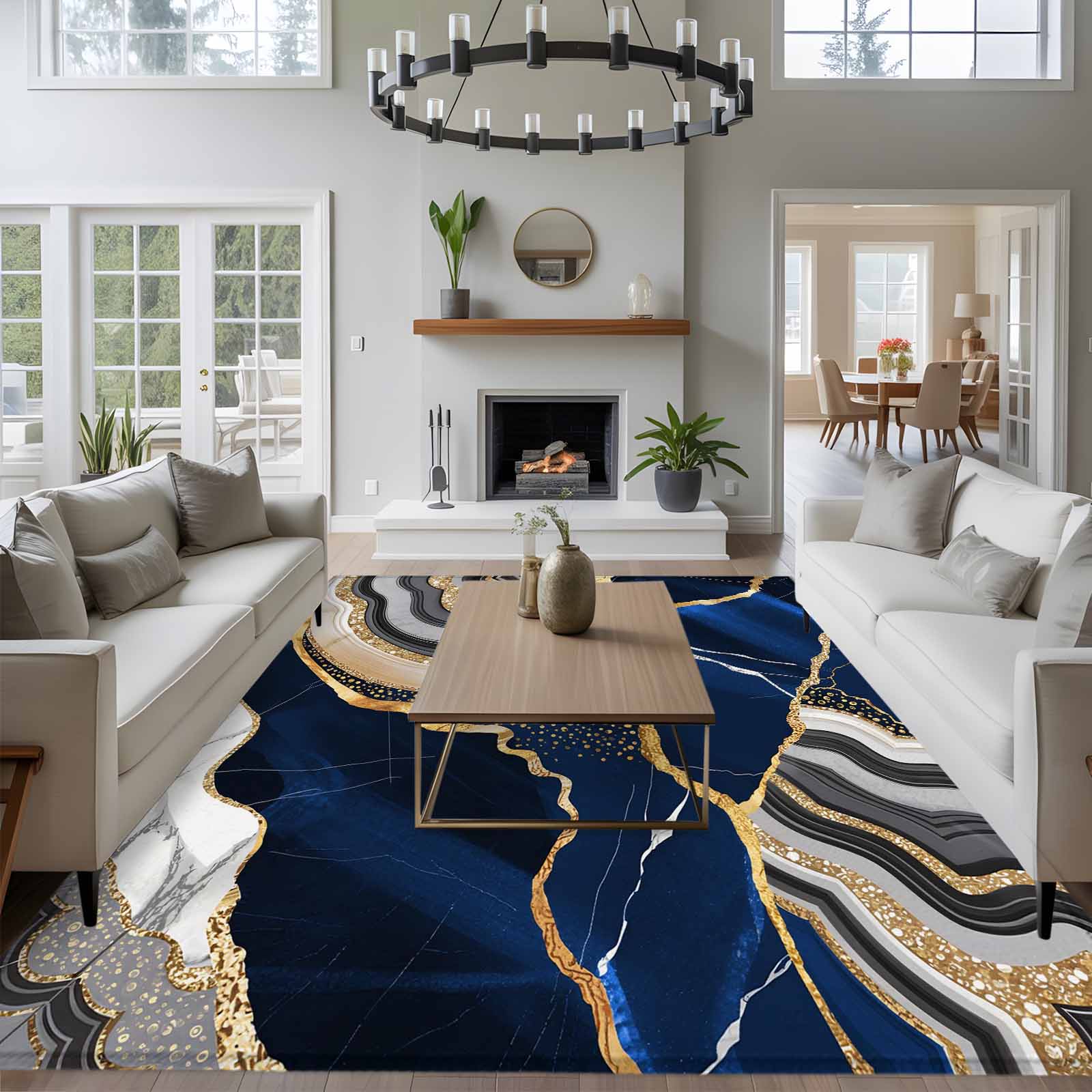 6'x9' Area Rugs, Blue Marble Indoor Outdoor Area Rug for Living Room Bedroom, Grey Gold Texture Vintage Farmhouse Art Washable Bathroom Rugs Kitchen Floor Carpet Mats Home Decor Aesthetic