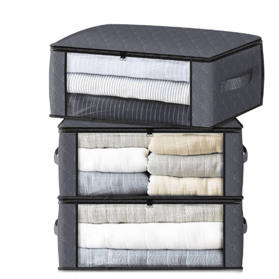 3-Pack Clothes Organizer Storage Bags Foldable Storage Box with Large Clear Window Sturdy Handles for Closet, Dorm, Pillows, Bedding, Clothes, Blankets, 35L, Gray