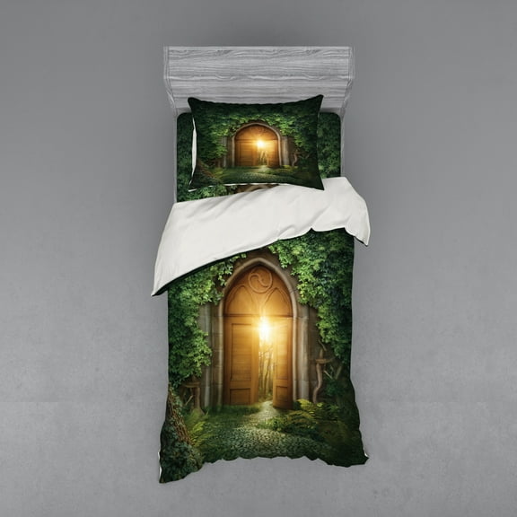 Ambesonne Green Bedding Set 3 Pcs, Mystic Vivid Sun Beams, Twin XL, Green and Brown