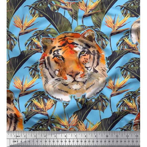 Soimoi Cotton Duck Fabric Tropical Leaves & Tiger Face Jungle Printed Fabric 1 Yard 42 Inch Wide